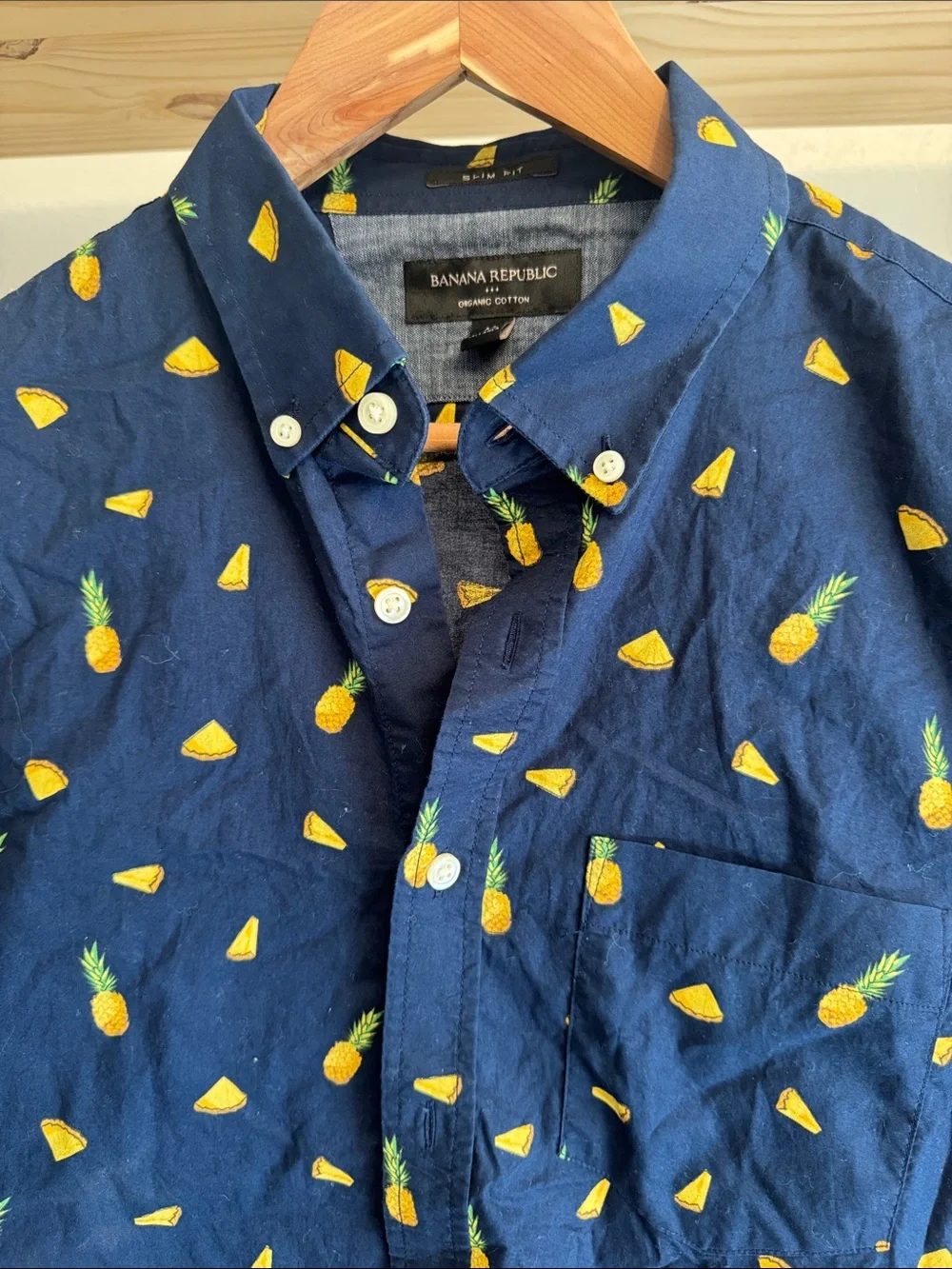 Banana Republic Navy Short-Sleeve Button-Down with Yellow Pineapple Print